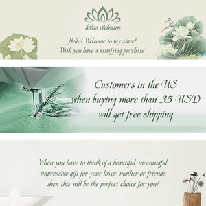 May include: A green and white banner with the text "Customers in the US when buying more than 35 USD will get free shipping". The banner is decorated with a white lotus flower.