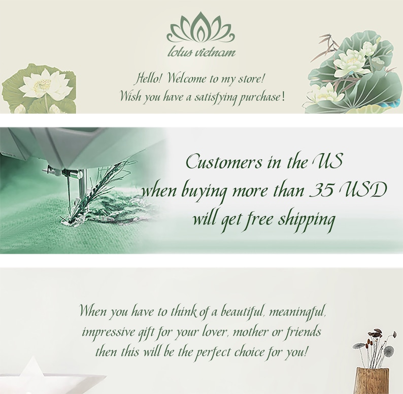 May include: A green and white banner with the text "Customers in the US when buying more than 35 USD will get free shipping". The banner is decorated with a white lotus flower.