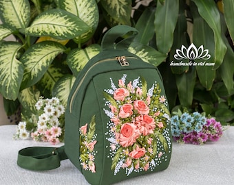 Rose Floral Embroidered Backpack, Handmade Canvas Bag, Gift for Her Travel Pack