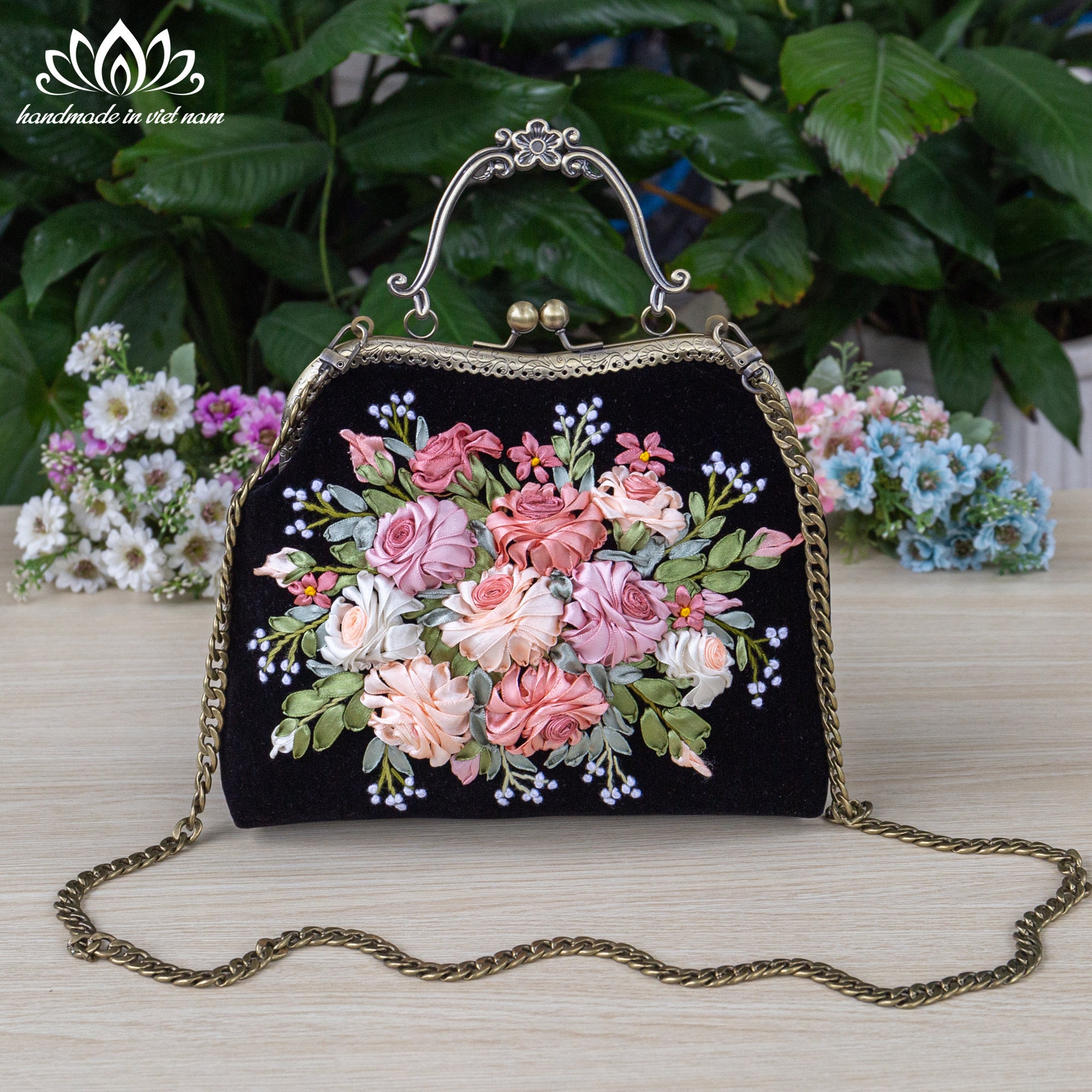 Hand Embroidered Rose Kiss Lock Purse With Velvet Frame - Etsy