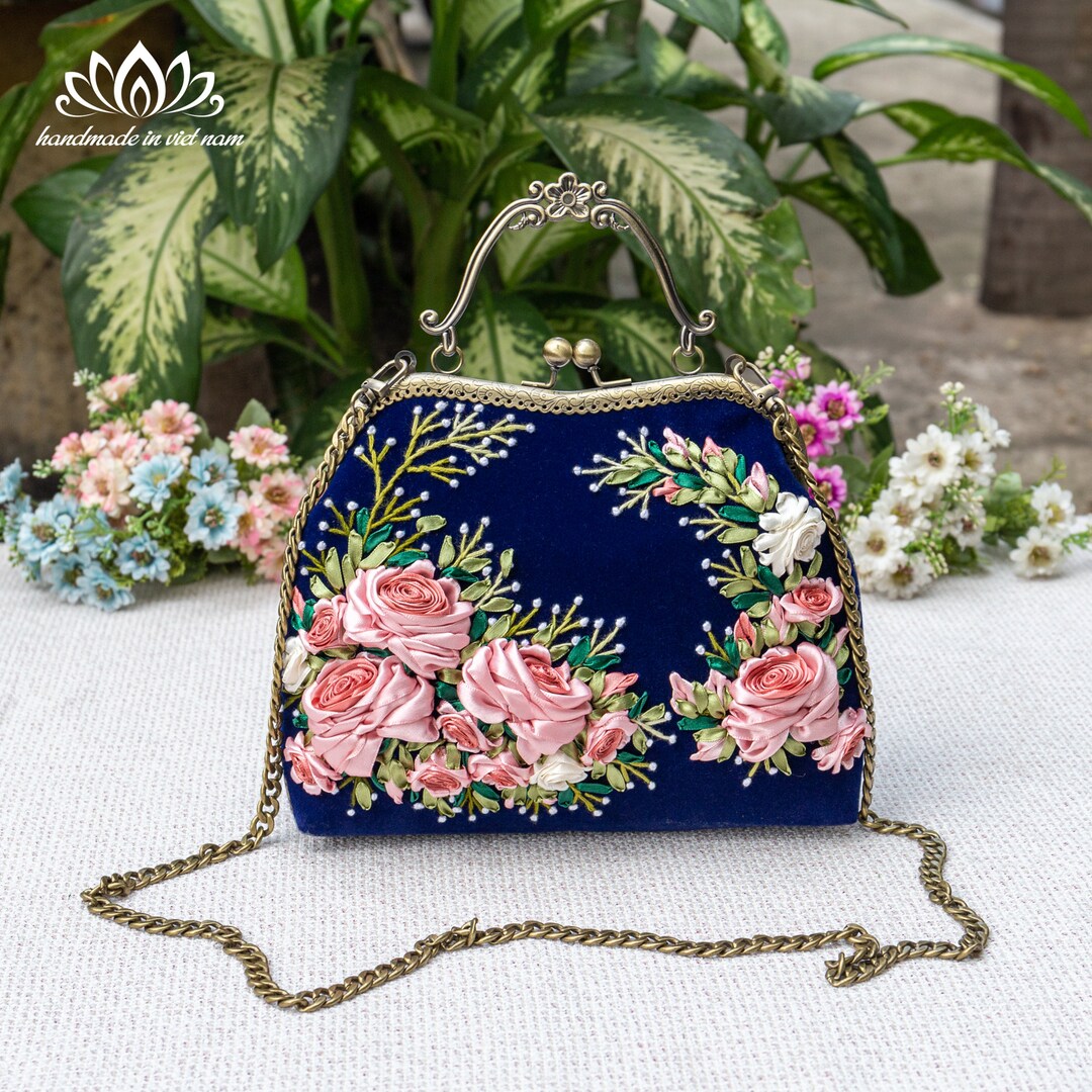 Hand Embroidered Velvet Kiss Lock Bag With Ribbon Embroidery for