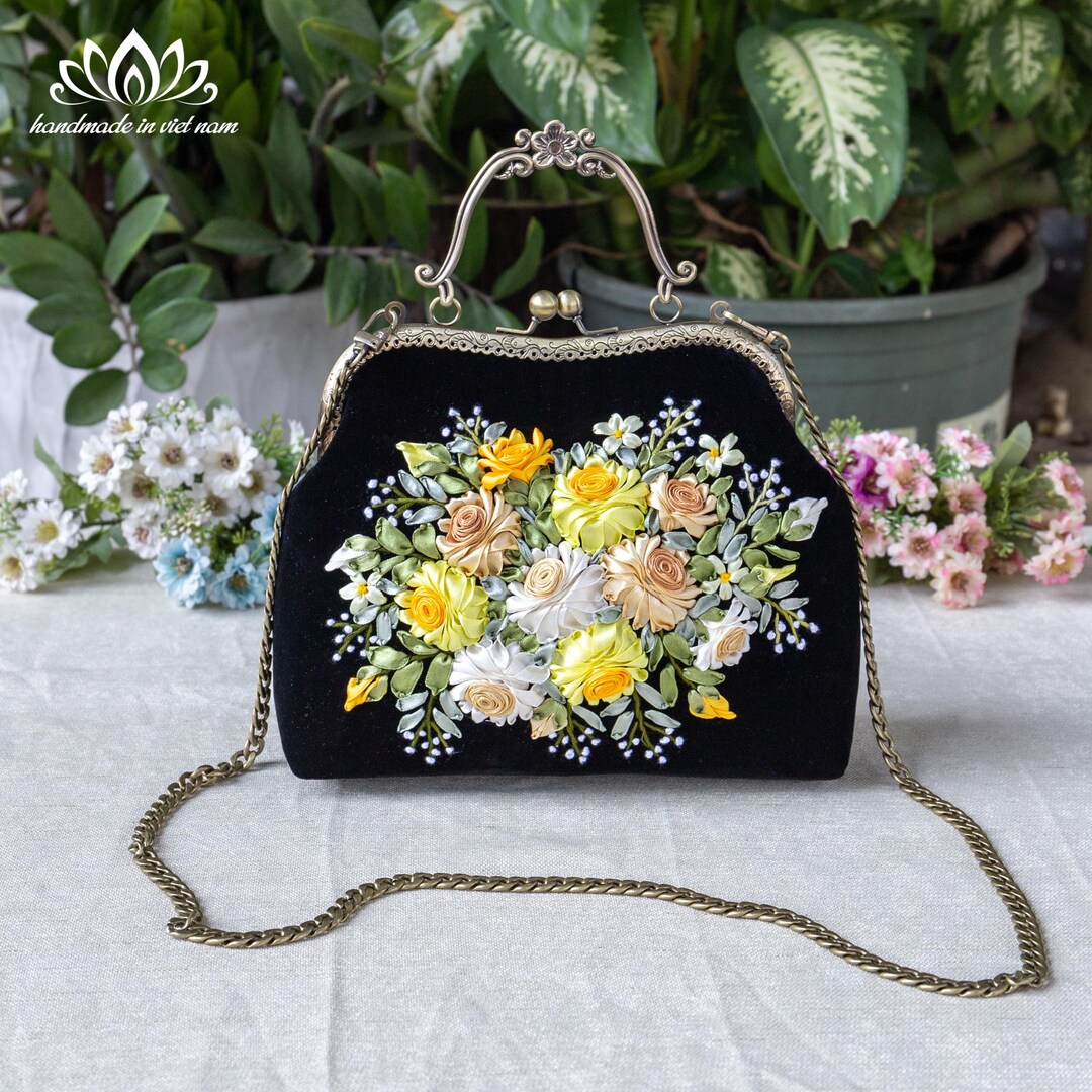 Velvet Kiss Lock Bag With Hand Embroidered Ribbon Roses - Etsy