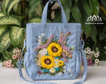 Convertible backpack, laptop bag women, Unique sunflower ribbon embroidery