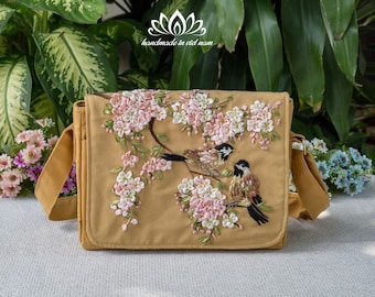 Embroidered messenger bag, Beautiful cherry blossom embroidery