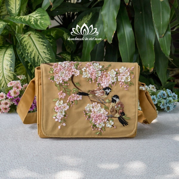 Embroidered messenger bag, Beautiful cherry blossom embroidery