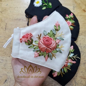 Embroidered Linen mask | Ribbon embroidery mask | Nose Wire | Reusable | Washable | Unique gift