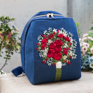 Mochila vaquera con bordado de cinta, mochila para mujer bordada, regalo para adolescentes, regalo de cumpleaños, mochila de viaje, mochila de fin de semana, regalo para ella