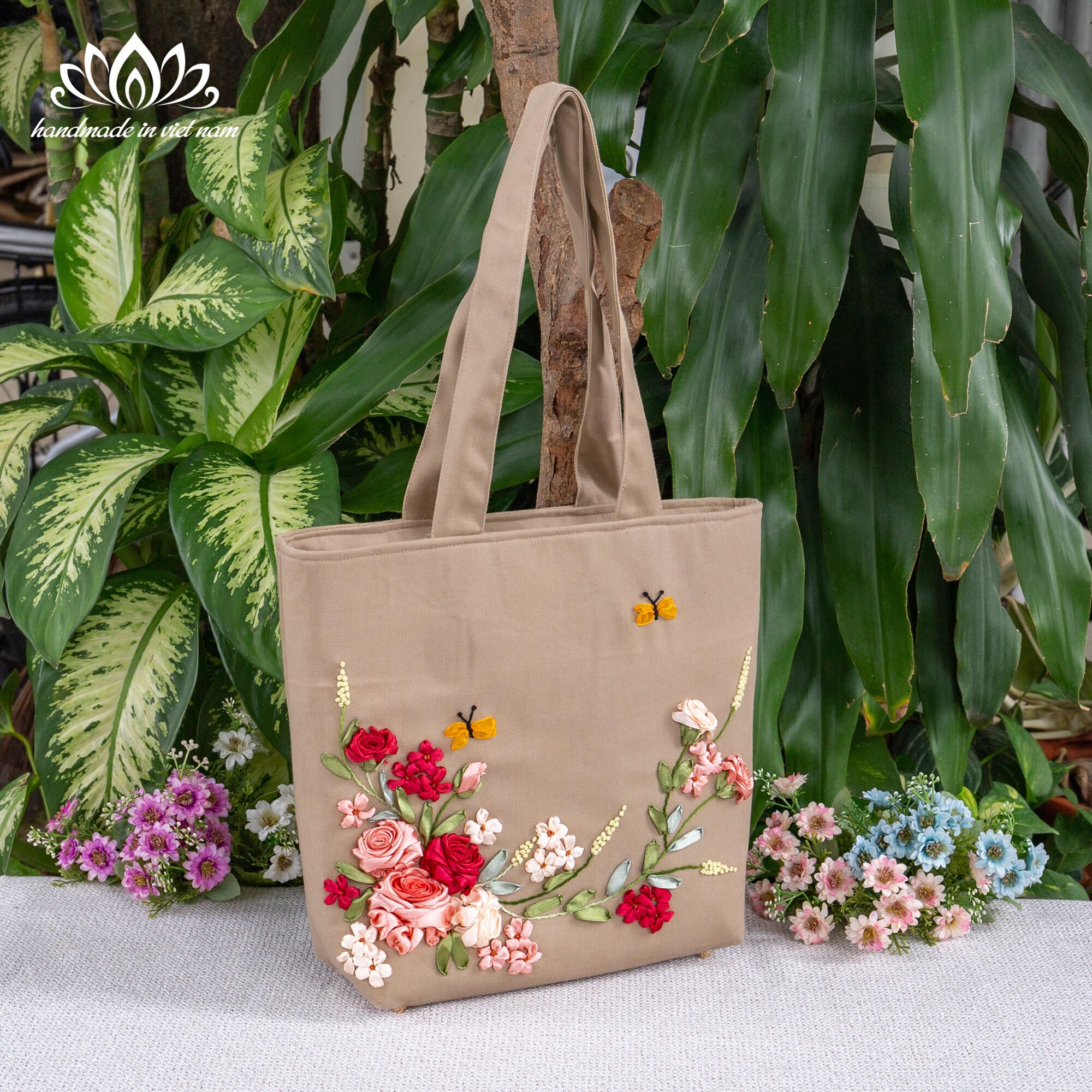 Tote Bag With Zipper, Rose Ribbon Embroidery, Handmade