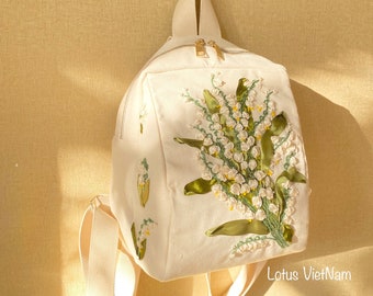 Backpack embroidered with lily of the valley, Unique ribbon embroidery