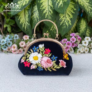 Clasp purse for women | Beautiful Ribbon Embroidery | Kiss lock bag