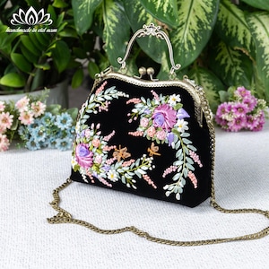 Kiss Lock Handbag | Luxurious black velvet bag | Unique ribbon embroidery