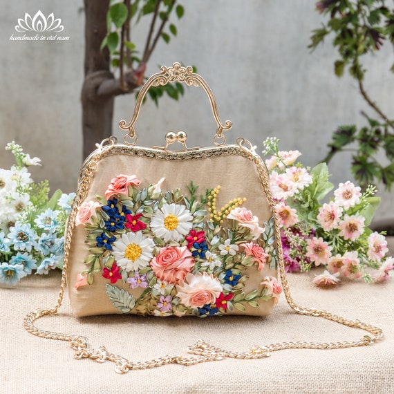 Sac a main avec bandouliere sac unique a broderie de fleurs en ruban Etsy France