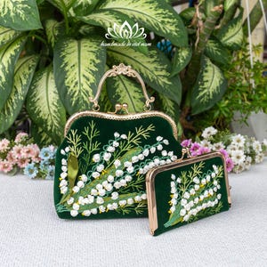 Conjunto de bolso y cartera bordados, bolsos con correas, bordado de lirios del valle