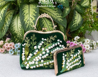 Embroidered handbag and wallet set, handbags with straps, lily of the valley embroidery