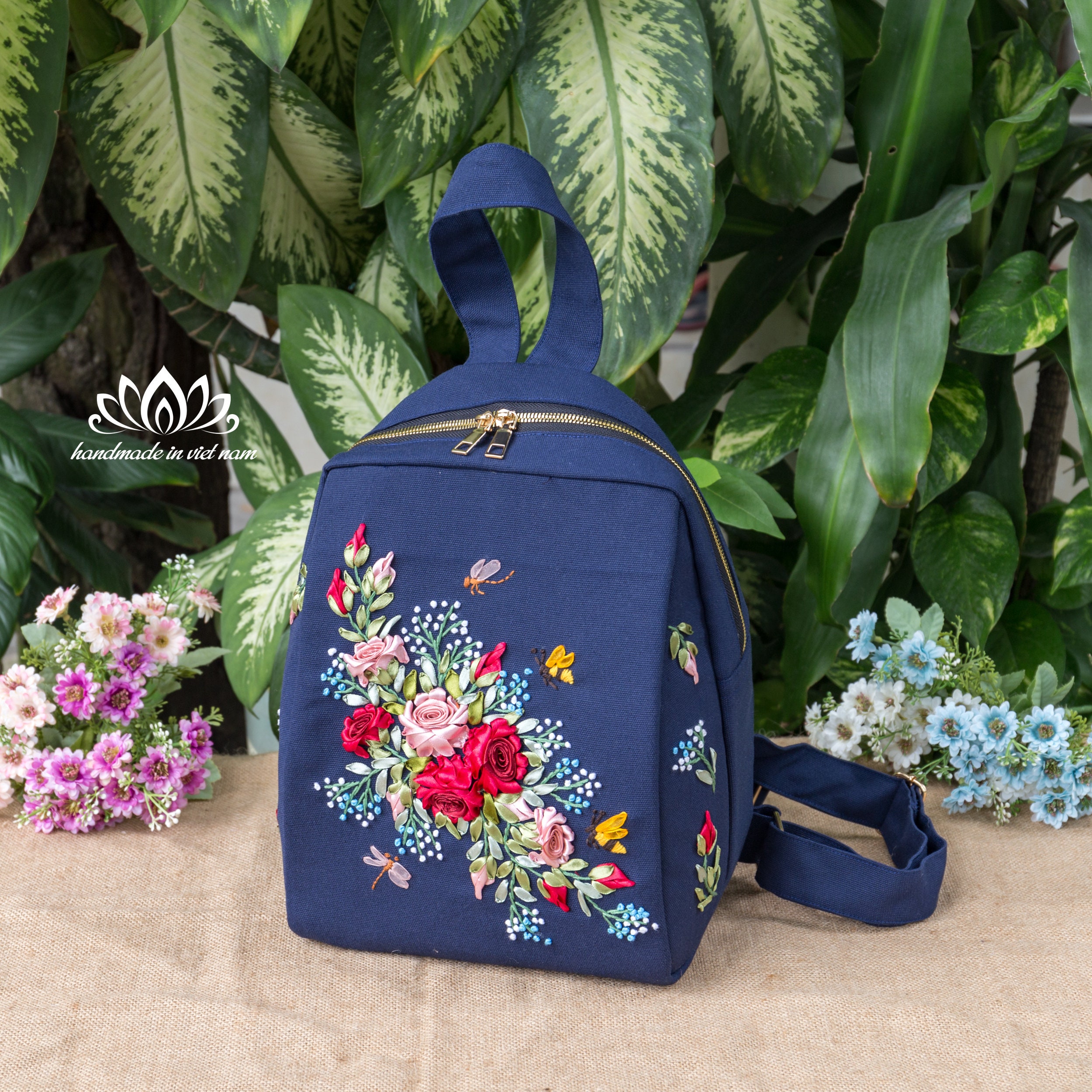 Embroidered Rose Backpack, Handmade Sewing Backpack, Unique 