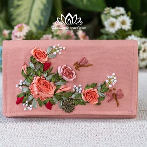 Hand embroidered wallet, Unique ribbon embroidery