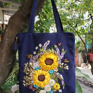 Embroidered tote bag with Zipper, Unique ribbon embroidery, Handmade sewing bag