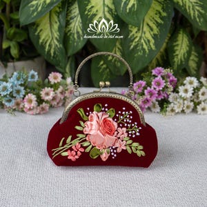 Clasp purse for women | Beautiful Ribbon Rose Embroidery | Kiss lock Bag
