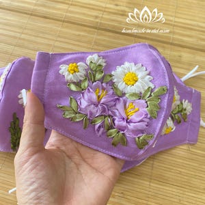 Two side embroidered mask | Embroidered Linen mask | Ribbon embroidery mask | Nose Wire | Reusable | Washable | Unique gift