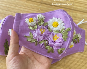 Two side embroidered mask | Embroidered Linen mask | Ribbon embroidery mask | Nose Wire | Reusable | Washable | Unique gift