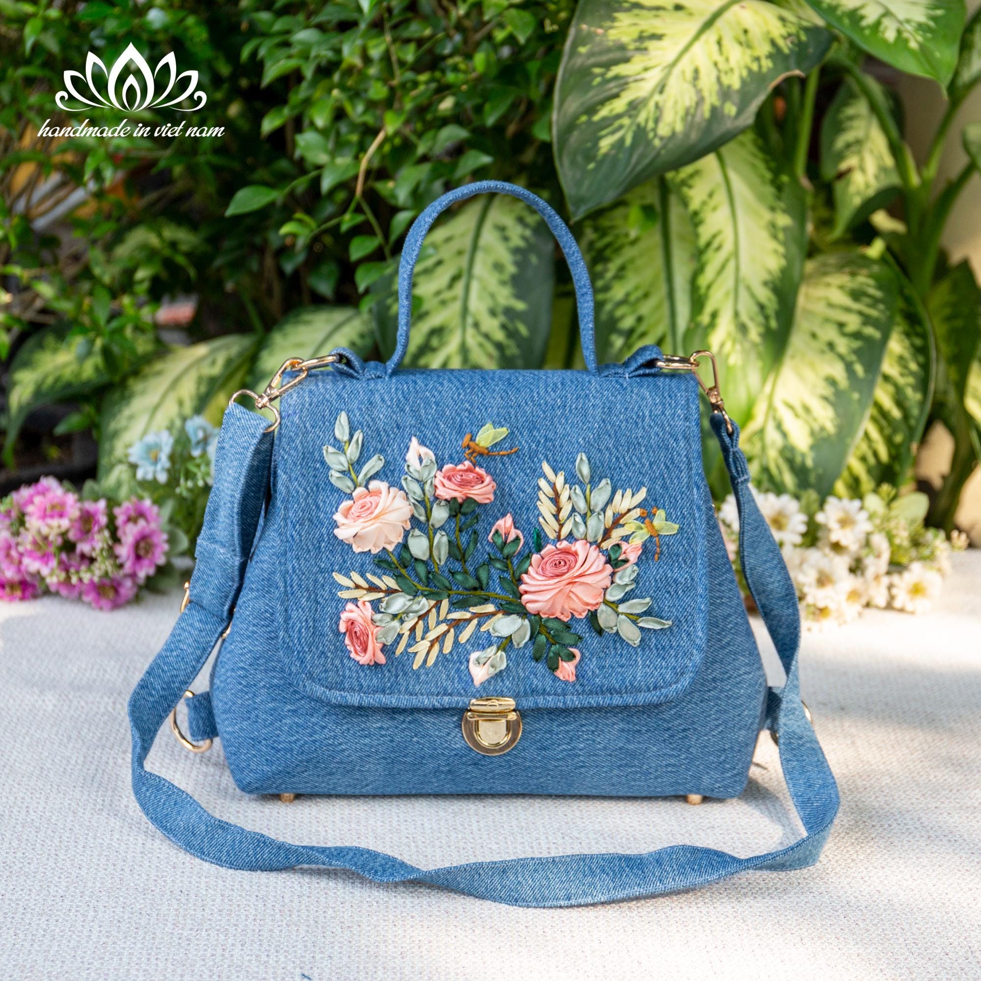 Gorgeous Floral Embroidered Denim Doctor Bag, Shoulder Bag Convertible to Backpack