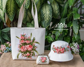 Set of tote bags, bucket hats and mini bags, Unique ribbon embroidery
