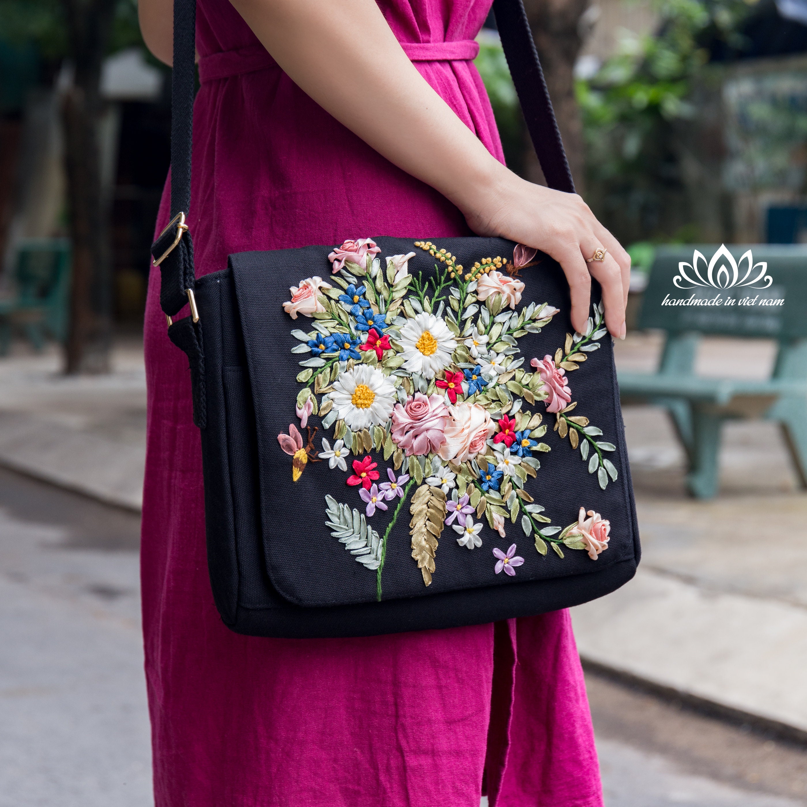 Embroidered Tote Bag With Zipper, Unique Ribbon Embroidery