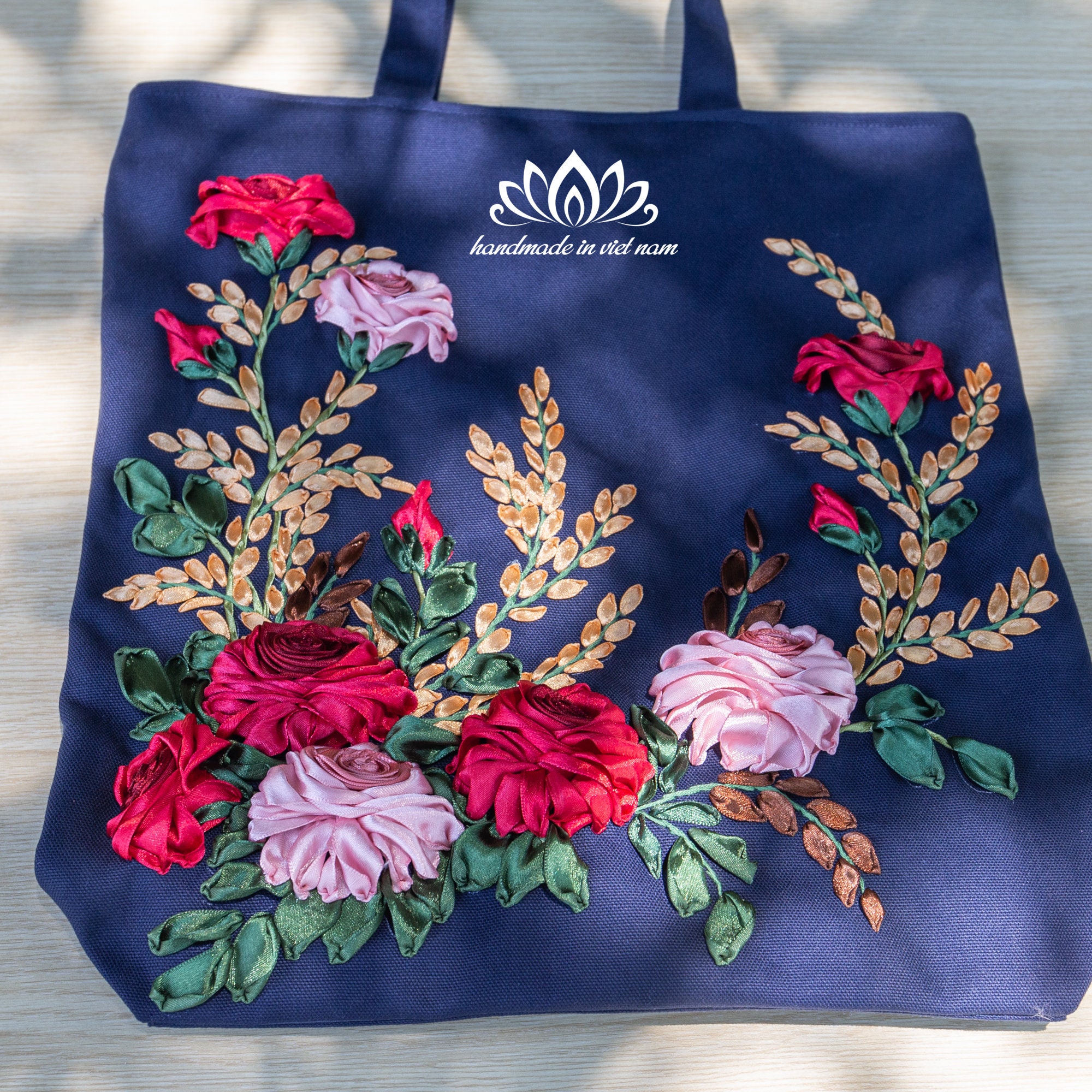 ジッパー付き刺繍トートバッグ、ユニークなリボン刺繍、ハンドメイド