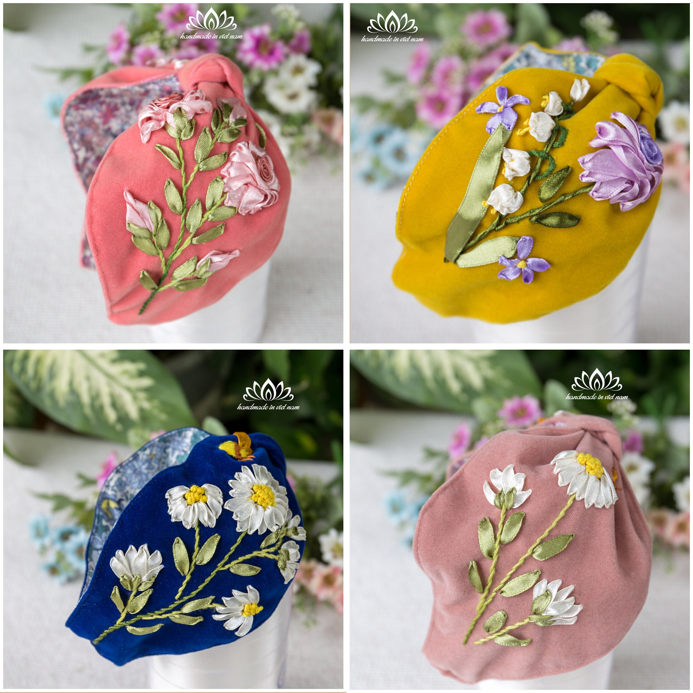 Floral Ribbon Embroidered Velvet Headband, Soft Handmade  display picture 2