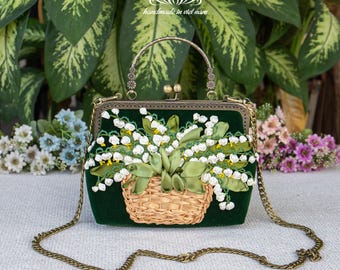 Handbag embroidered with lily of the valley basket, Kiss lock bag with chain