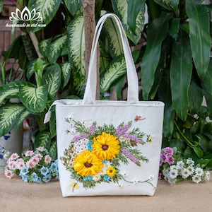 Beautiful ribbon embroidered tote bag | Thick and sturdy tote bag | Surprise gift