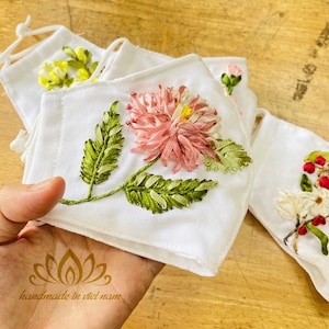 Embroidered Linen mask | Ribbon embroidery mask | Nose Wire | Reusable | Washable | Unique gift