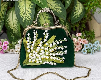 Embroidered handbags with chain straps, lily of the valley embroidery, Kiss Lock Handbag