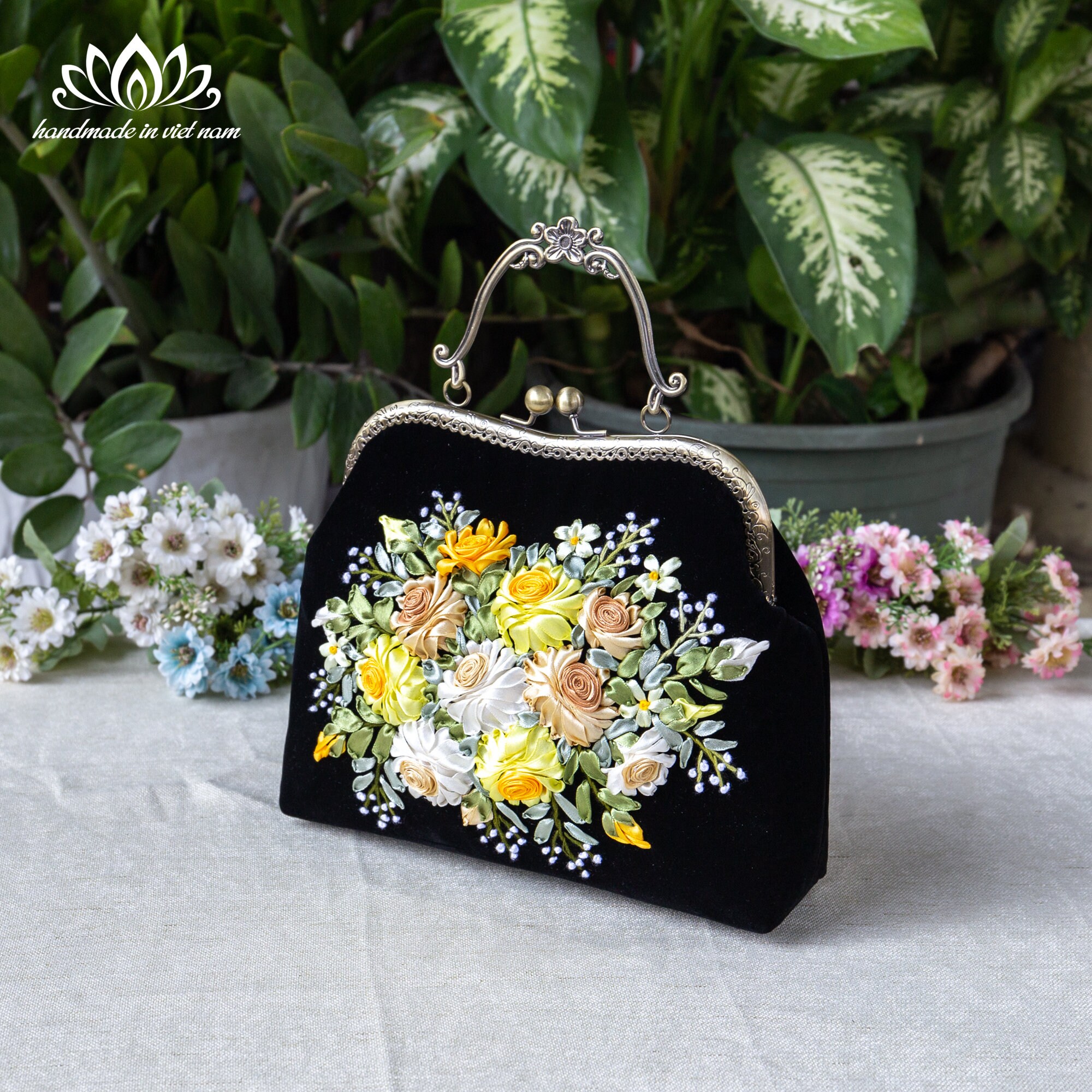 Velvet Kiss Lock Bag With Hand Embroidered Ribbon Roses - Etsy