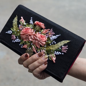 Rose embroidery wallet, Unique ribbon embroidery, handmade wallet