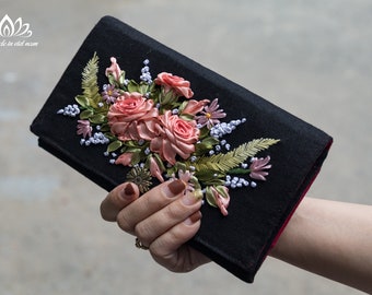 Rose embroidery wallet, Unique ribbon embroidery, handmade wallet