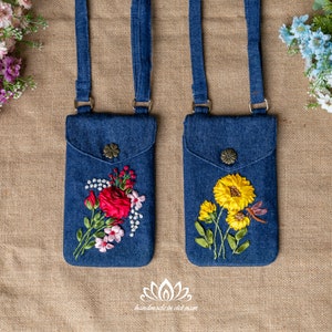 Porte-monnaie pour téléphone portable | Sac à bandoulière en denim pour téléphone portable | Broderie au ruban unique