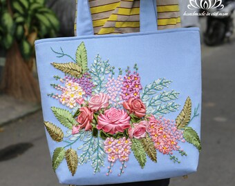 Embroidered Tote Bag, Tote Bag With Zipper, Unique Ribbon