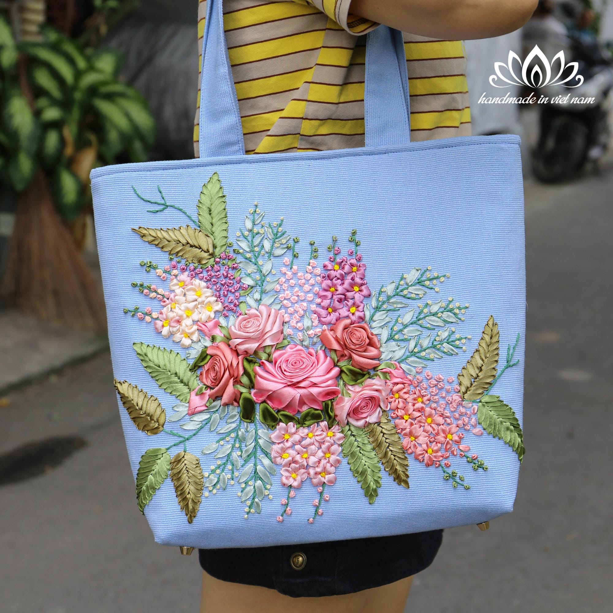 Embroidered Tote Bag, Tote Bag With Zipper, Unique Ribbon