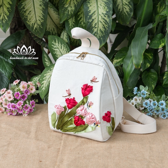 Embroidered Tulip Backpack, Handmade Sewing Backpack, Unique