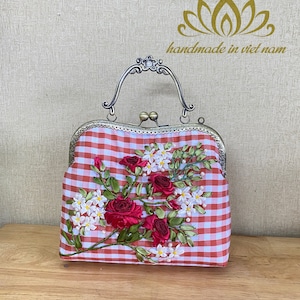 Hand bag with shoulder strap, Unique ribbon flower embroidery bag