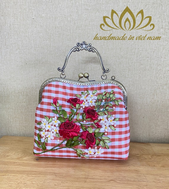 Hand bag with shoulder strap, Unique ribbon flower embroidery bag