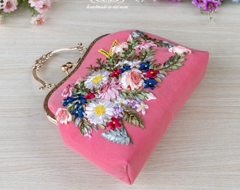 ショルダーストラップ付きハンドバッグ、ユニークなリボンフラワー刺繍