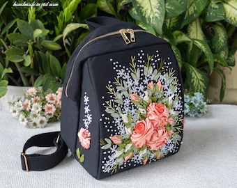 Mochila bordada à mão, bolsa de lona com estampa floral e fita, presente para ela.