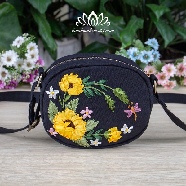 Mini crossbody bag | Ribbon embroidered bag | compact shoulder bag