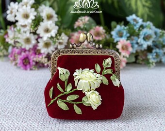 ribbon Embroidered Coin Purse, Small Change Pouch With Flower ribbon  Embroidery, Handmade Vintage Women's Coin Purse, Gift