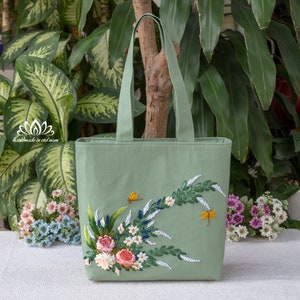 Embroidered tote bag, Tote bag with zipper, Unique ribbon embroidery art