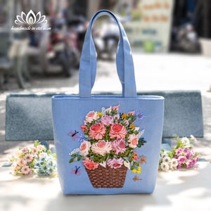 Embroidered tote bag, Tote bag with zipper, Unique ribbon embroidery art