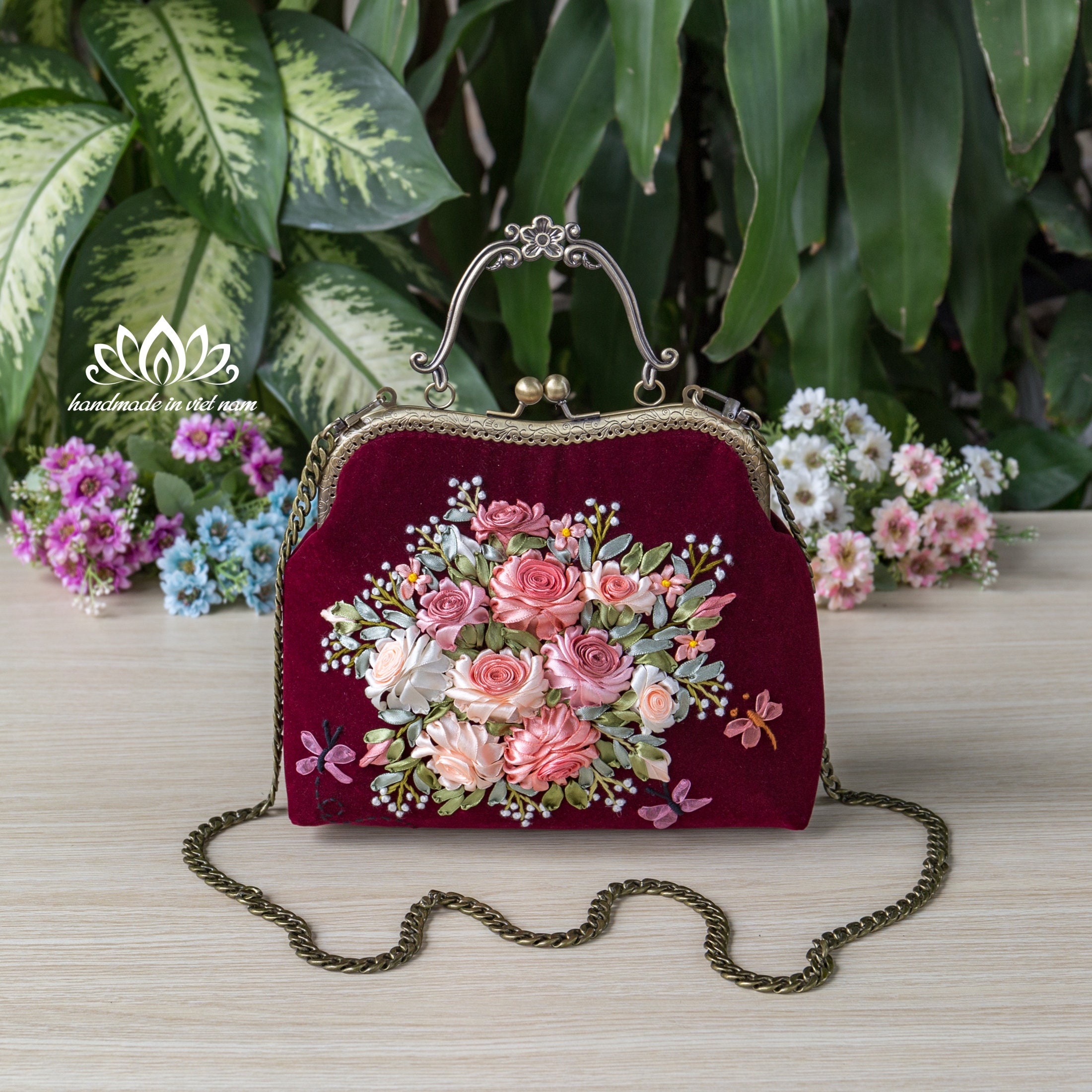 Hand Bag with Shoulder Strap, Unique Ribbon Flower Embroidery Bag, Velvet Fabric