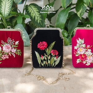 Mini crossbody bag, purse and phone holder bag, ribbon embroidery